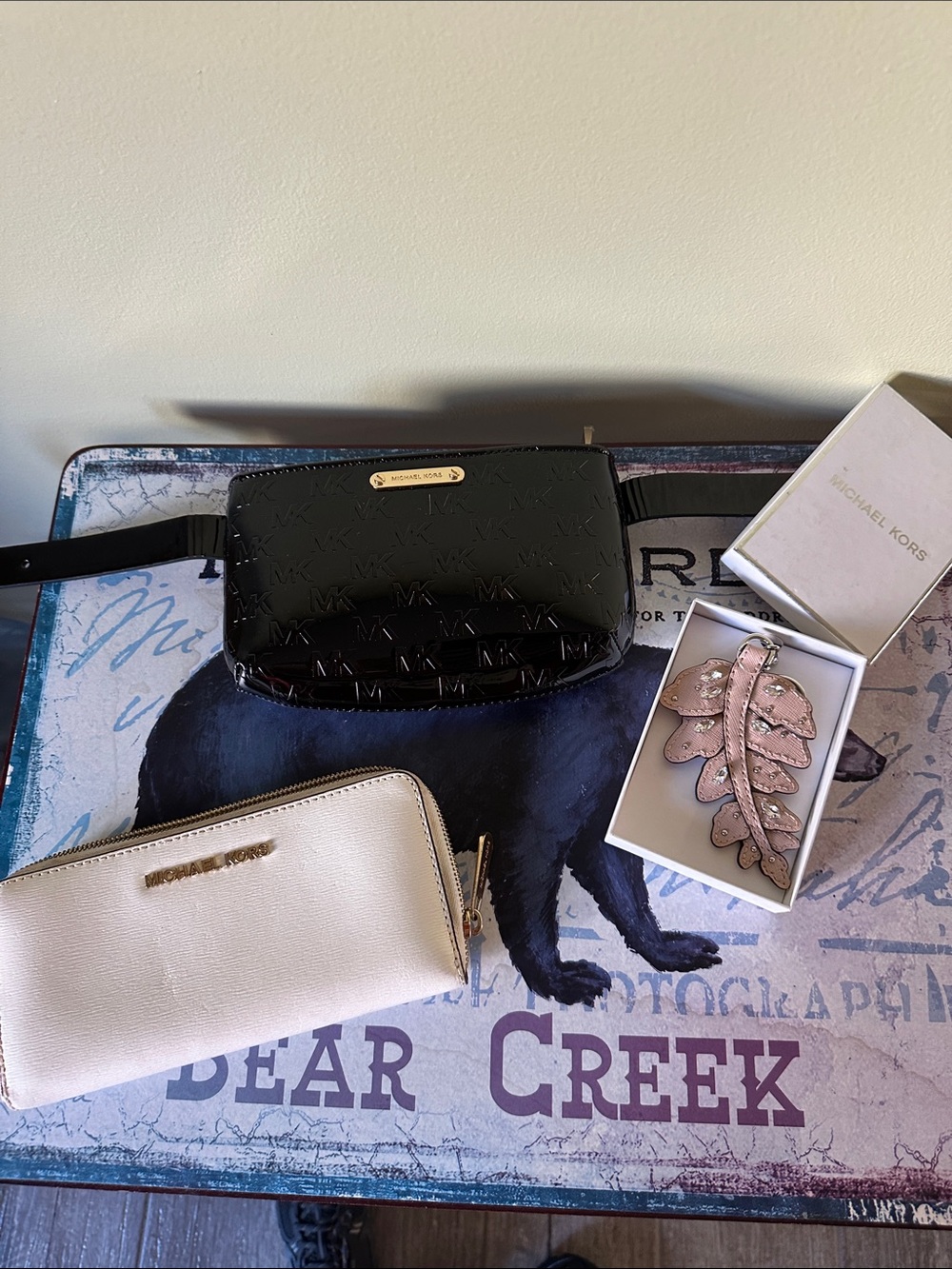 Michael Kors Black Patent Leather Belt Bag, wallet and keychain bag charm 3 ITEM